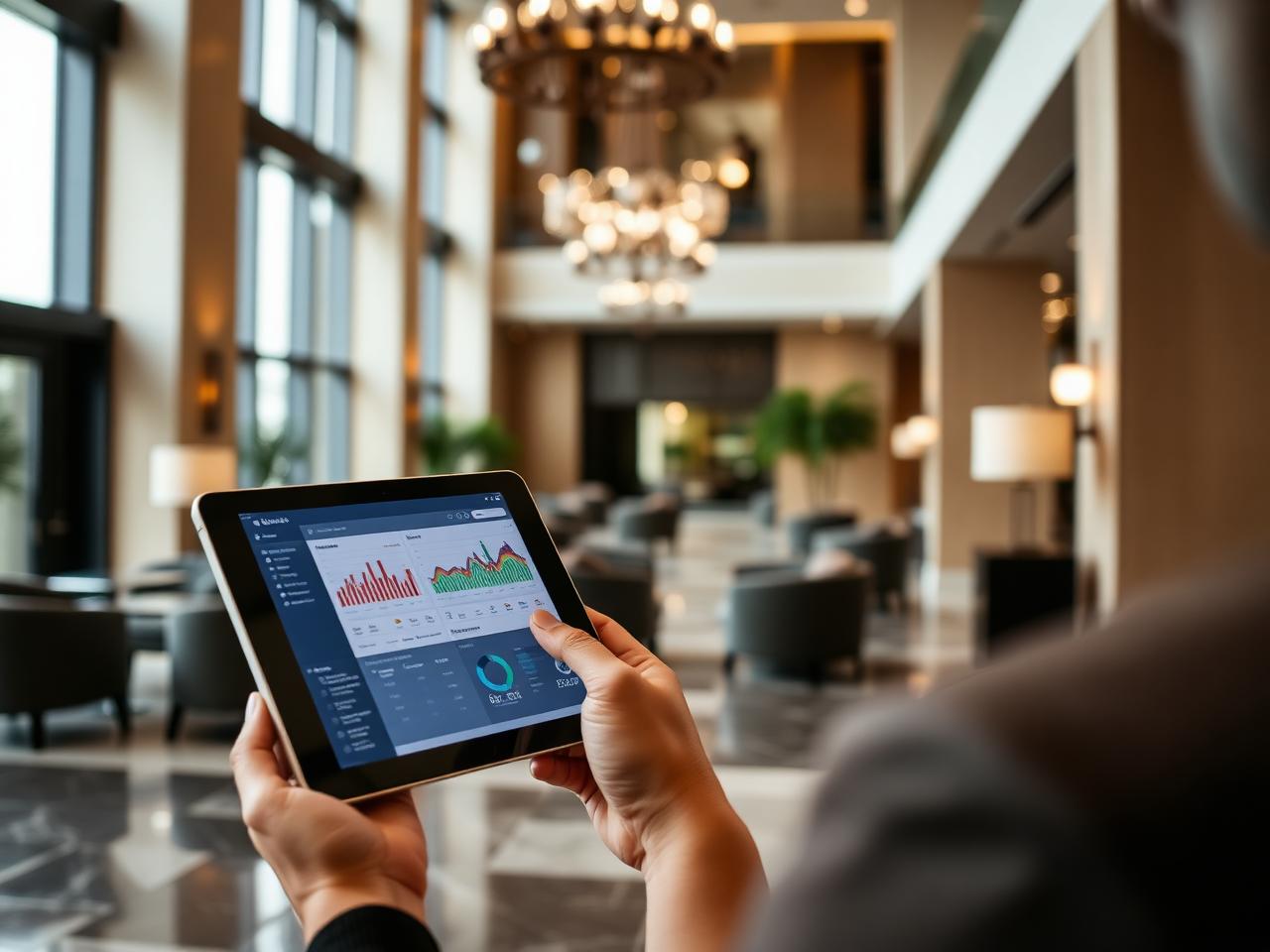 Otel yöneticisi tablette tedarik panelini inceliyor
